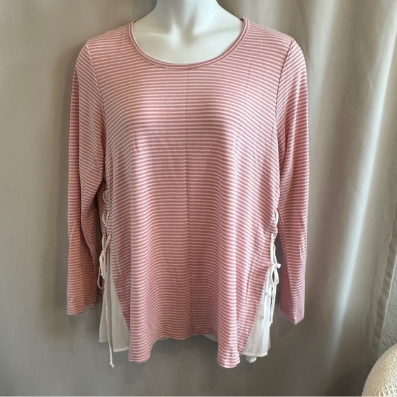 Avenue Tops - Avenue Pink Striped Lace Up Long Sleeve Tee